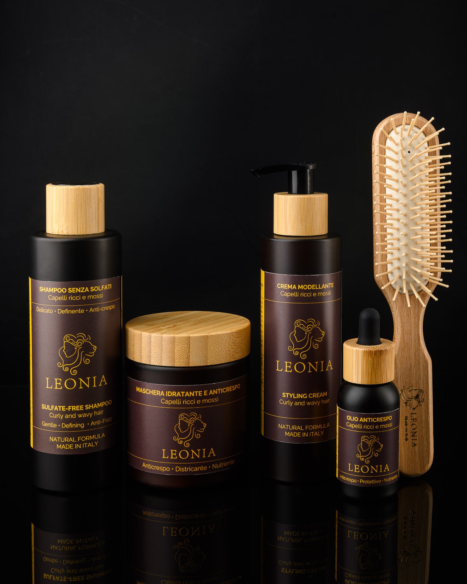 Rituale Completo Salva-Ricci LEONIA per capelli ricci e mossi: shampoo senza solfati, maschera, crema styling, olio anticrespo e spazzola definente